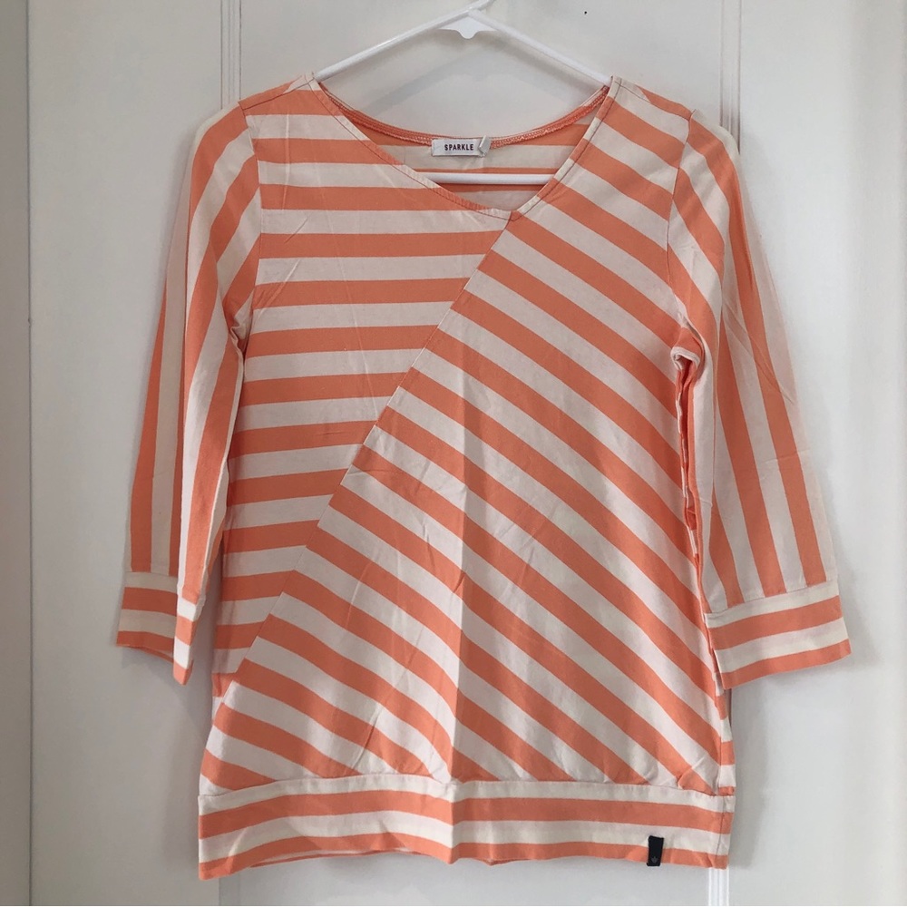 Striped Orange White Top with 3/4 Sleeves Sz Small